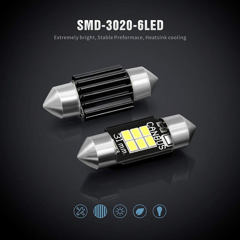SIR IUS LED SIRIUSLED Super Bright 3020 Chipset Canbus Error Free LED Festoon Bulbs for Car Interior Lights License Plate Dome 1.25â€ 31MM Festoon 3175 DE3175 6000K White Pack of 2 - Image 2
